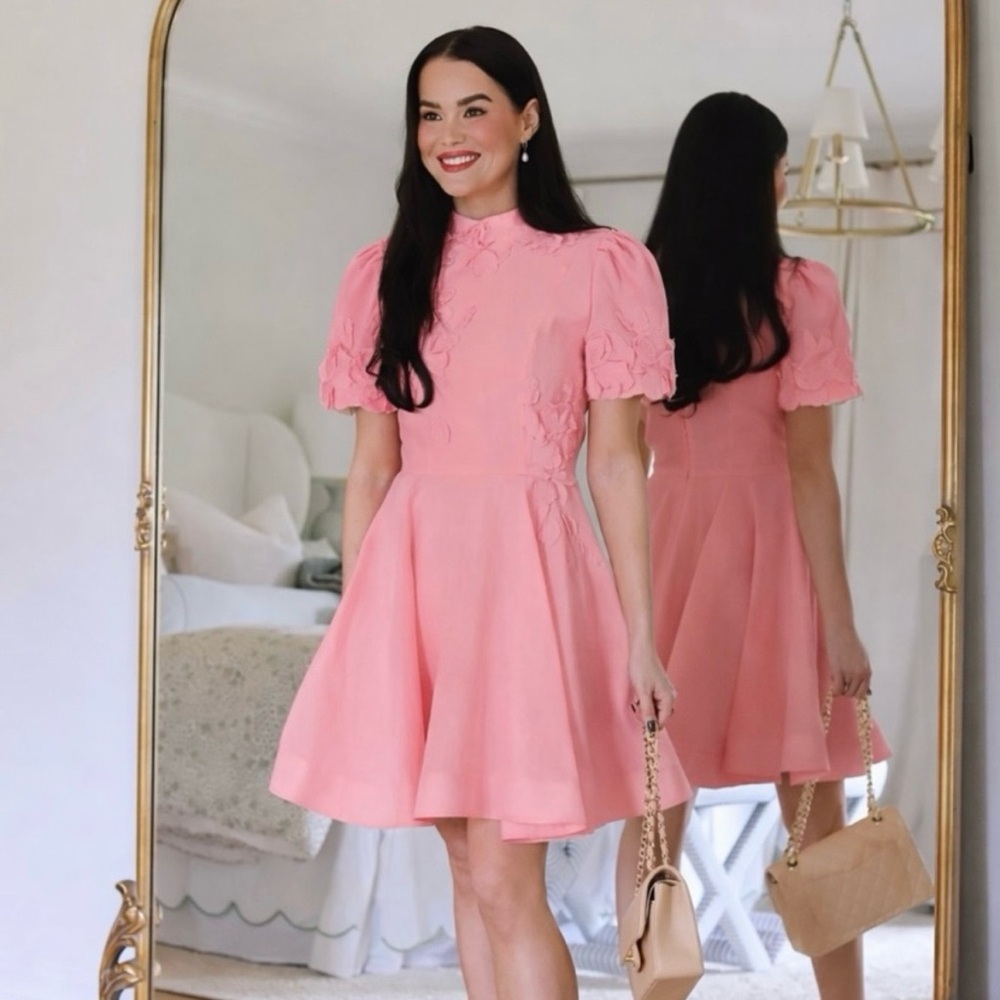Antonio Melani Floral Appliqué Linen Blend Puff Sleeve Mini Dress Pink NWT 8